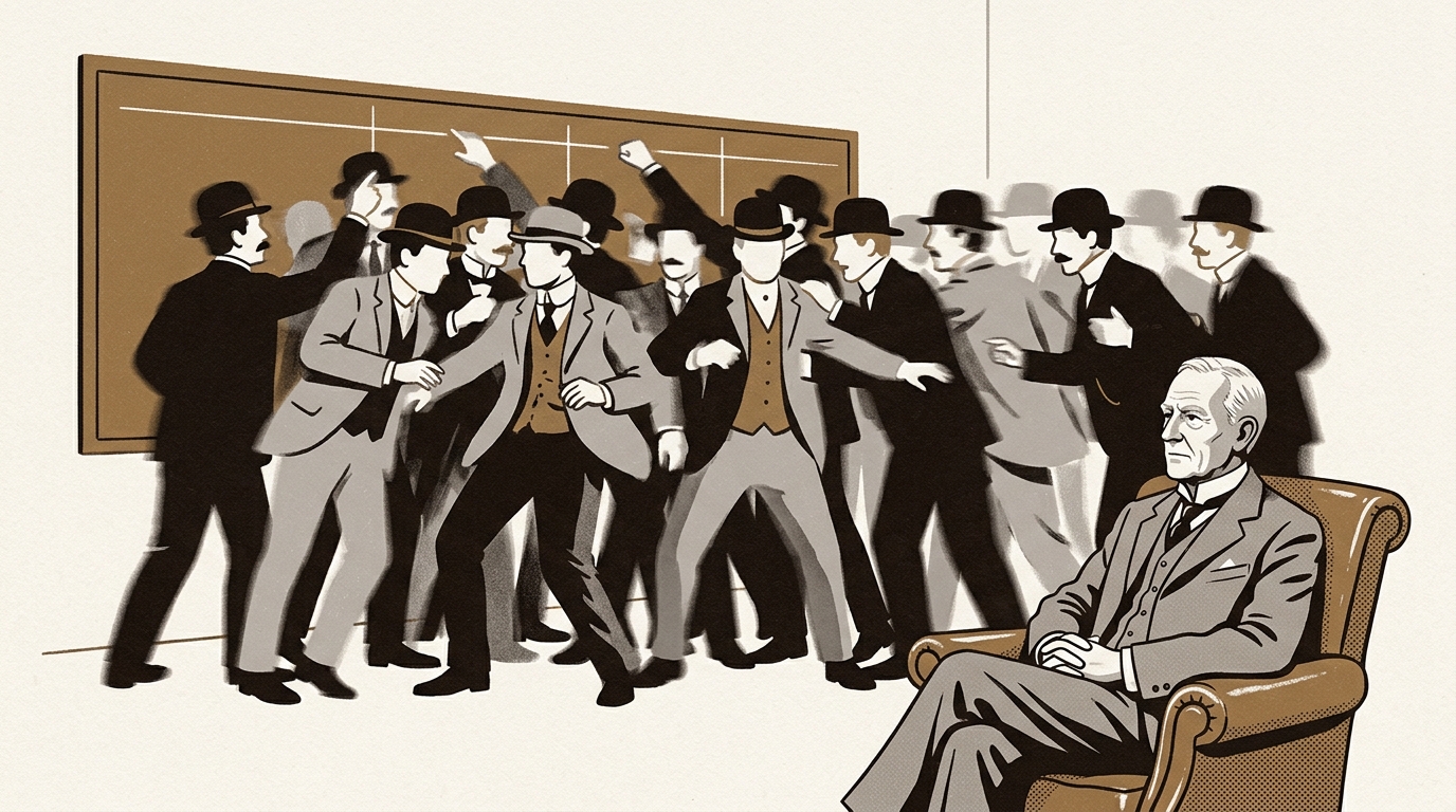 1900년대 초 중개인 사무실. 시세판 앞으로 사람들이 몰려 몸을 기울이는 가운데, 한 노인만 안락의자에 미동 없이 앉아 있다