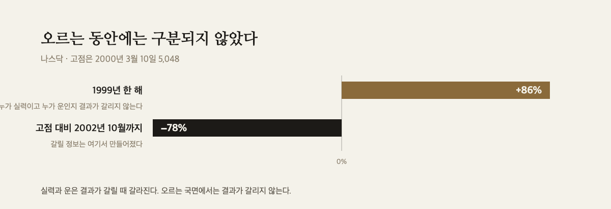 1999년 나스닥 상승과 2002년까지의 하락을 0 축을 두고 좌우로 그린 막대 도해