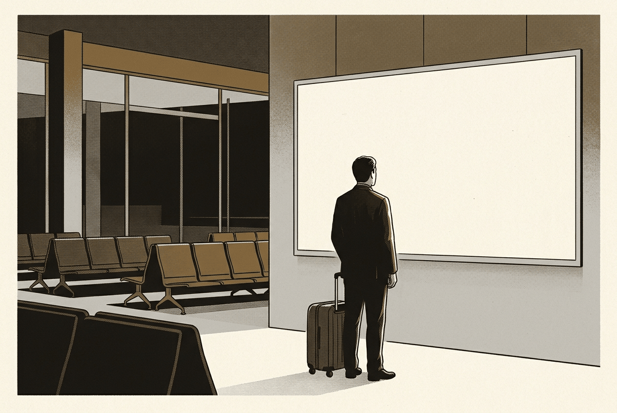 1980년대 후반 공항 라운지. 남자 한 명이 캐리어를 옆에 두고 벽면 디스플레이 앞에 서 있다
