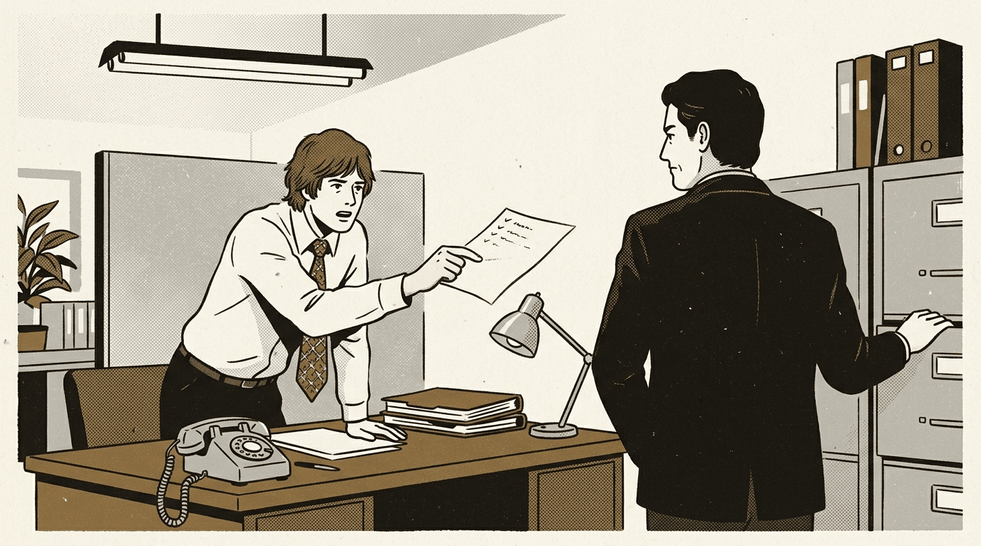 1979년 사무실. 한 남자가 책상 너머로 종이 한 장을 내밀고 다른 남자가 반쯤 돌아서 있다