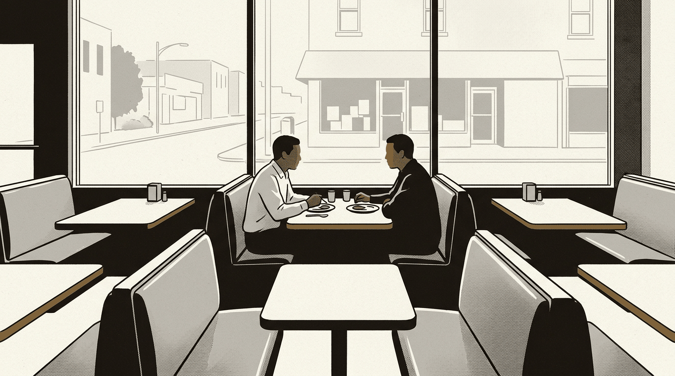1990년대 초 뉴어크의 동네 식당. 멀리 창가 부스에 두 사람이 마주 앉아 있고 앞쪽 부스는 비어 있다