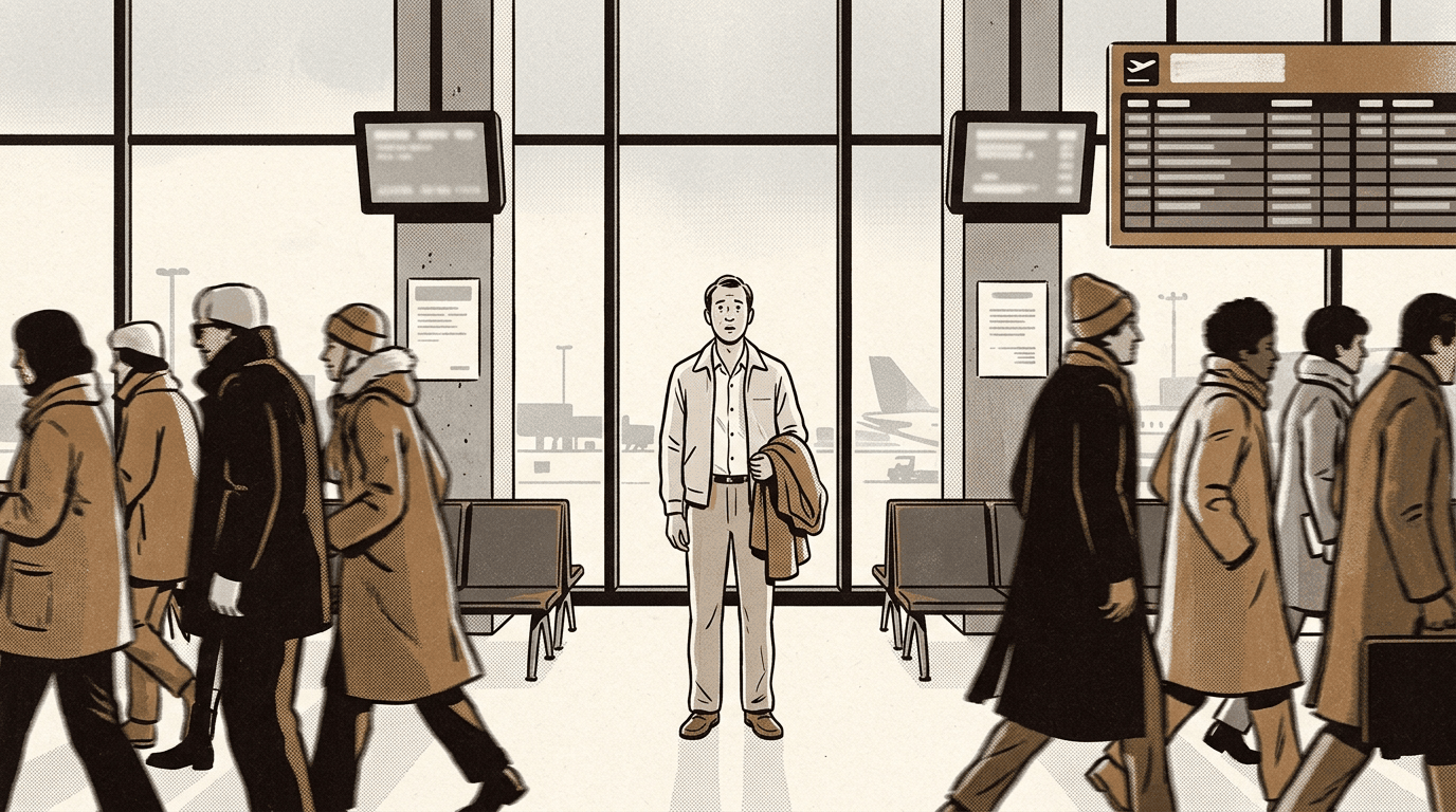 겨울 코트를 입은 사람들이 스쳐 지나가는 공항 입국장에 여름옷 차림의 남자가 혼자 서 있다
