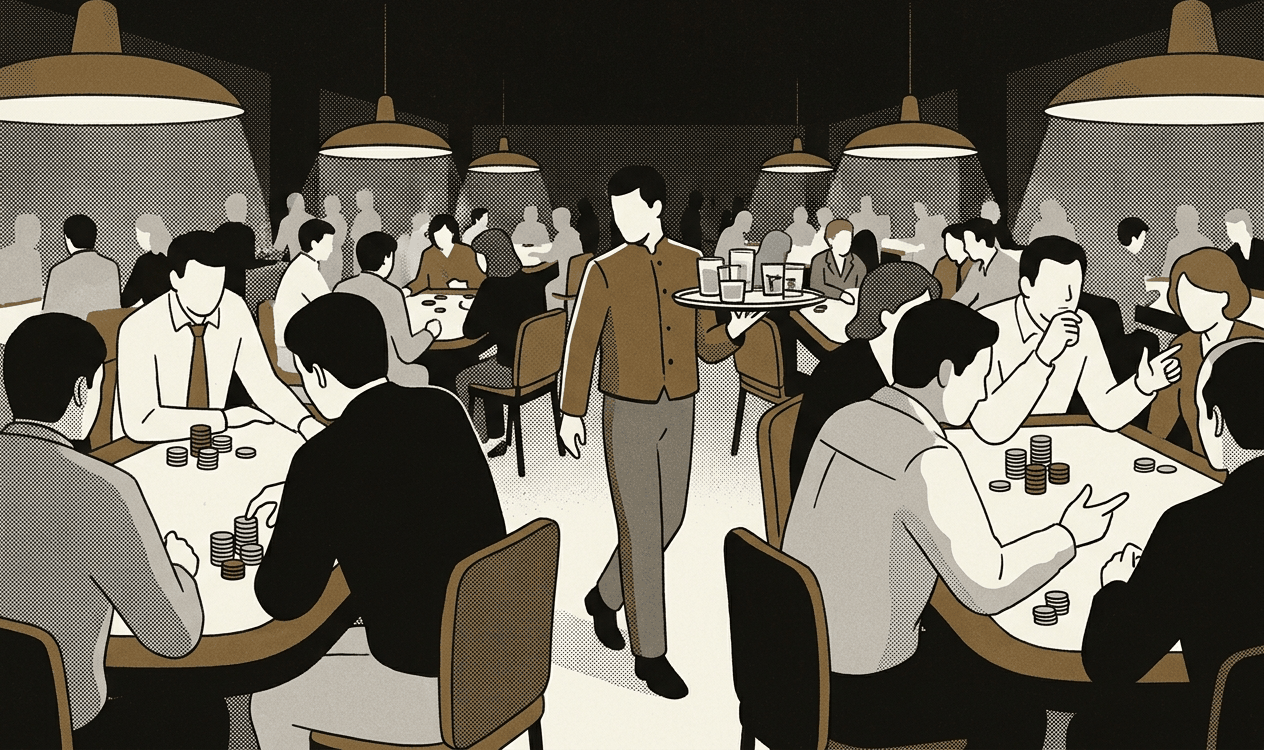 밤의 카지노. 웨이터가 술이 담긴 쟁반을 들고 테이블 사이를 지나가고 손님들이 칩을 앞에 두고 앉아 있다