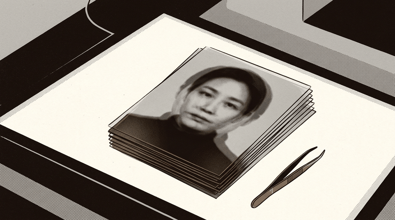 빛이 도는 판 위에 같은 사람의 반투명 초상 사진 여러 장이 조금씩 어긋나게 겹쳐 있고 옆에 핀셋이 놓여 있다