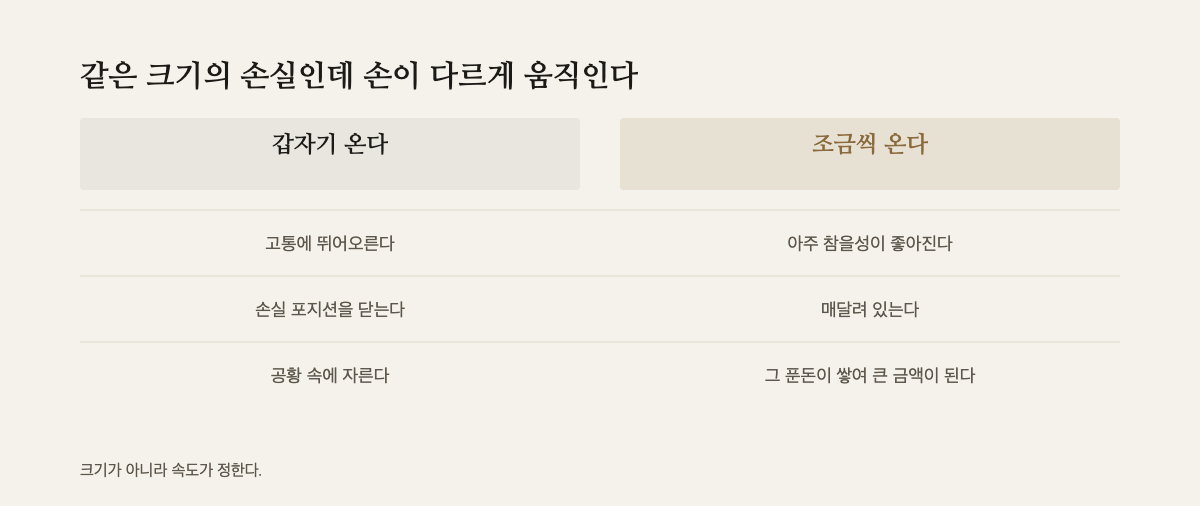 갑자기 오는 손실과 조금씩 오는 손실을 나란히 놓은 대조표
