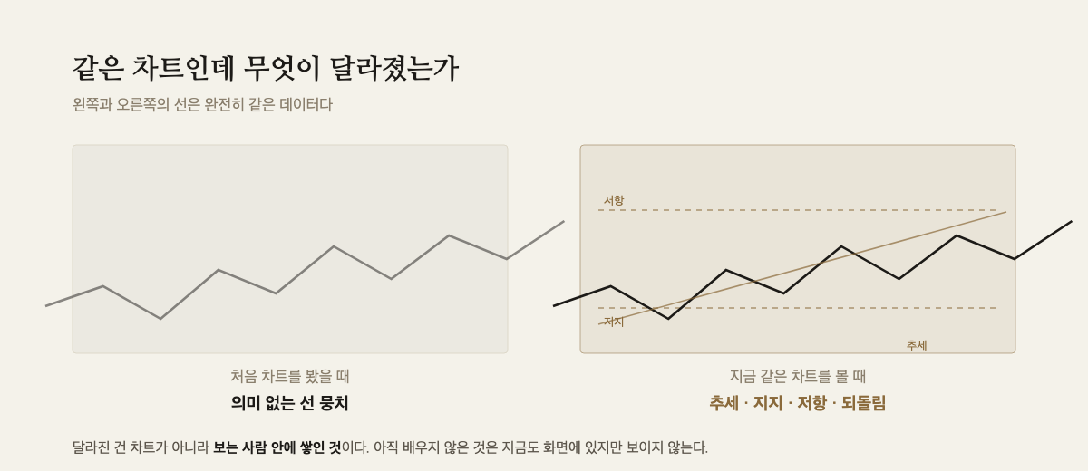같은 데이터로 그린 두 개의 차트 — 왼쪽은 아무 표시 없는 선 뭉치, 오른쪽은 같은 선에 지지·저항·추세가 그려져 있다