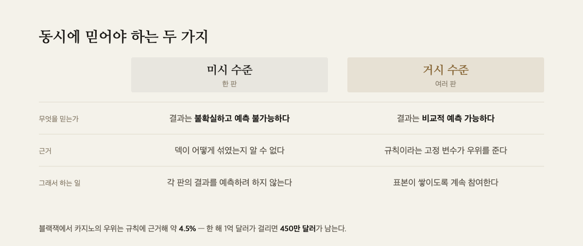 미시 수준(한 판)과 거시 수준(여러 판)에서 무엇을 믿는지, 근거는 무엇인지 비교한 표