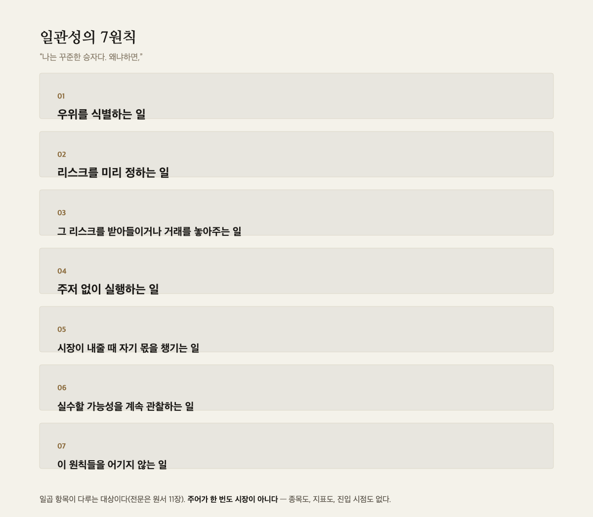 일관성의 7원칙이 각각 무엇을 다루는지 01부터 07까지 번호를 붙여 정리한 카드